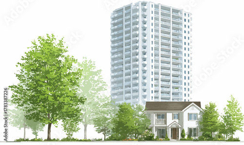 현대적인 고층 건물과 아늑한 주택이 푸른 나무들 사이에 조화롭게 자리 잡은 풍경