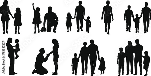 Family silhouettes, parents with children, guardian child care, parenting illustration, adult child interaction, family support, childhood guidance, parenthood concept, family unity