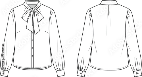 Women's blouse fashion sketch, technical garment drawing, front and back view, bow tie neckline, button cuff, apparel design, illustration