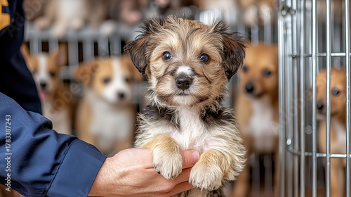 Adorable mixed-breed puppy being held by a caregiver, surrounded by fellow canine friends in the background.