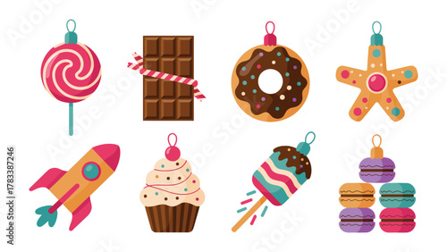 Sweet Treats: Delightful cartoon ornaments of classic sweets, including candy, chocolate, donut, cookie, rocket, cupcake, lollipop, and macaroon, add a touch of joy and playfulness. 