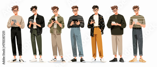 다양한 스타일의 젊은 남성들이 스마트폰을 들고 서 있는 모습