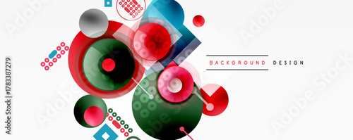 Abstract geometric shapes, circles, squares, lines. Modern design elements create vibrant composition. Red, green, blue hues dominate.