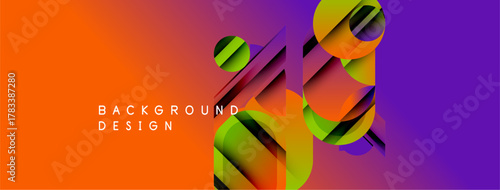 Vibrant abstract design features colorful geometric shapes, gradients. Orange, purple hues dominate composition. Modern aesthetic.