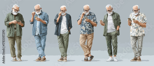 스마트폰을 사용하는 다양한 스타일의 노인 남성 6인 일러스트