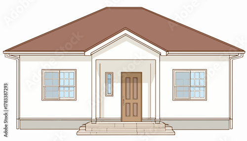 현대적인 단층 주택의 정면 일러스트로 깔끔하고 단순한 디자인이 특징입니다.