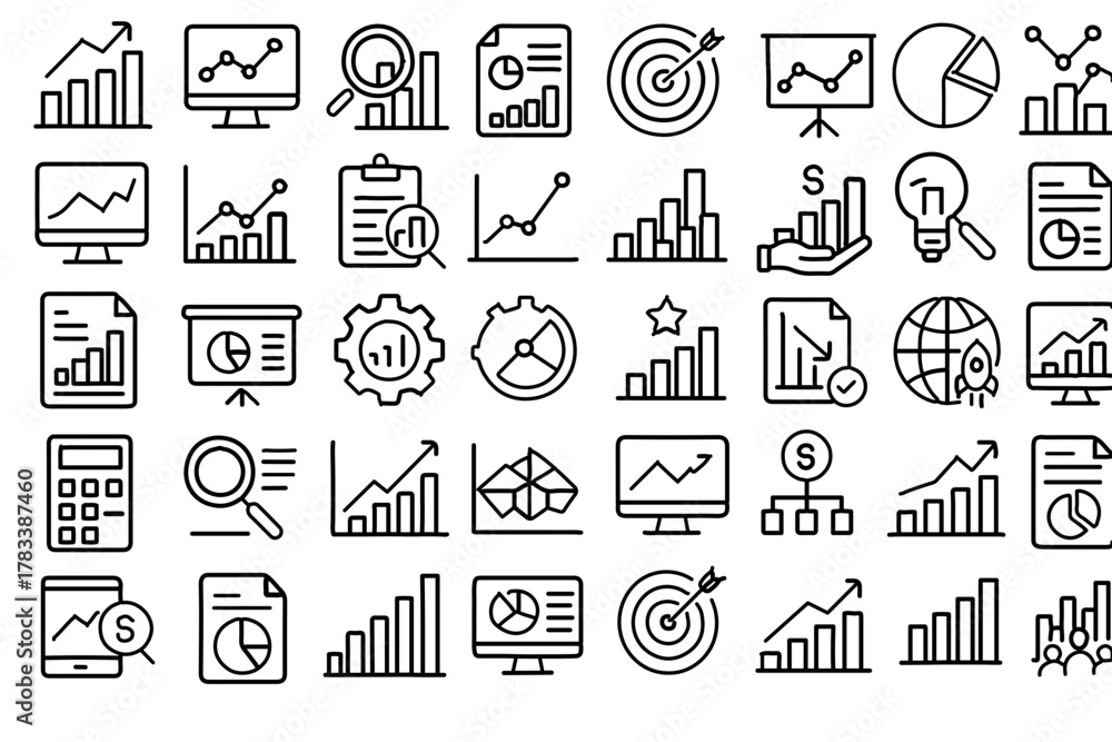 Naklejka premium Market Analysis Line Icons – 60 Unique Black & White Editable Outline Symbols