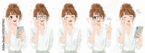현대 사회에서 스마트폰을 활용하여 다양한 감정과 표정을 생생하게 전달하는 젊은 여성의 매력적인 벡터 일러스트레이션 컬렉션입니다.