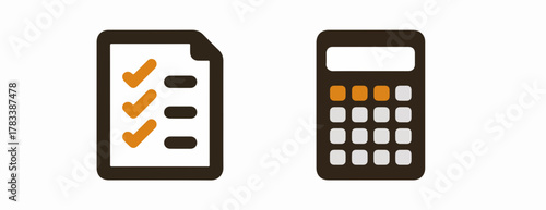 기업의 효율적인 운영과 성공적인 목표 달성을 위한 핵심 요소인 업무 계획 수립, 진행 상황 점검, 그리고 정확한 재무 계산 및 예산 관리를 상징하는 체크리스트와 계산기 아이콘이 간결하고 현대적인 디자인으로 표현된 벡터 그래픽 일러스트레이션입니다.