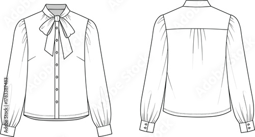 Women's blouse fashion sketch, technical garment illustration, front and back view, bow neckline, gathered sleeve, button cuff, apparel design drawing
