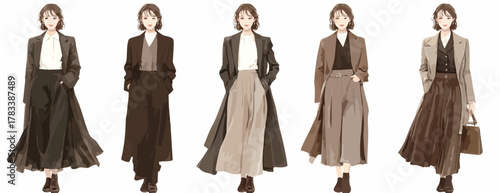 다양한 코트, 바지, 스커트를 활용하여 가을 겨울 시즌에 어울리는 현대적이고 세련된 여성 패션 스타일을 제안하는 우아한 벡터 일러스트 컬렉션입니다.