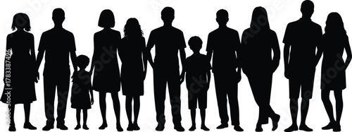 Silhouette group of diverse people standing together, adults and children figures, family unity, community diversity, demographic representation, teamwork concept