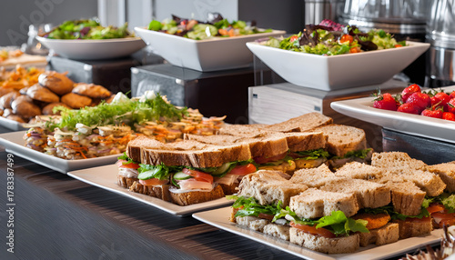 Corporate Lunch Catering : A professional, modern office lunch spread with sandwiches, salads, and finger foods
