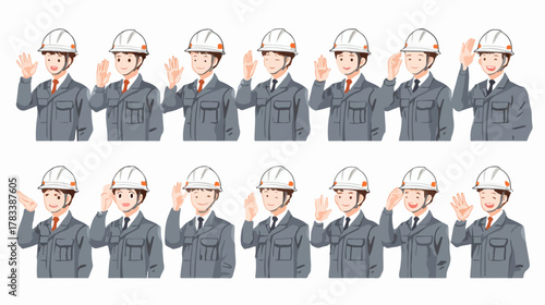 안전모를 쓴 건설 현장 작업자가 다양한 표정과 친근한 손짓으로 소통하는 모습을 다채롭게 표현한 벡터 일러스트레이션 세트로, 전문적인 안내와 긍정적인 메시지를 전달하는 데 활용될 수 있습니다.