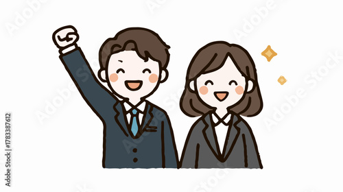 활기찬 분위기 속에서 환하게 웃는 남녀 직장인 캐릭터가 함께 목표 달성을 기뻐하며 긍정적인 팀워크를 상징하는 벡터 이미지입니다.