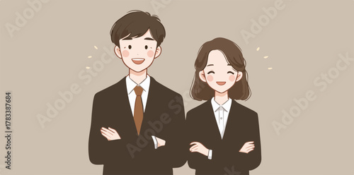밝은 미소를 짓고 팔짱을 낀 정장 차림의 남녀 직장인들이 긍정적인 팀워크와 전문성을 보여주는 귀여운 벡터 일러스트입니다.