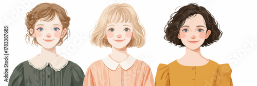 다양한 헤어스타일과 개성을 지닌 세 명의 여성들이 부드러운 미소를 지으며 각자의 매력을 발산하는 따뜻하고 매력적인 일러스트레이션 벡터 이미지입니다.