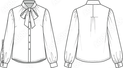 Women's blouse technical sketch, bow tie collar, fashion flat drawing, long puff sleeve, button cuff, apparel design, garment illustration