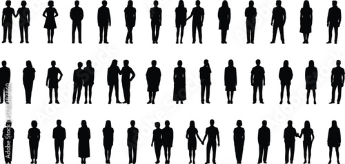 Silhouette people diversity, family figures, children adults standing together, social interaction, teamwork unity, human community illustration, black silhouettes group,