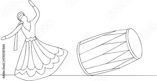 Line art of a dancer and a drum dholak Indian drum