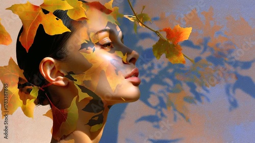 Shadows of leaves dancing across human face, poetic interplay of nature and identity, warm tones.