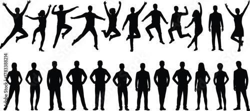 Silhouette people jumping dancing poses, static standing figures, human movement energy contrast, active lifestyle illustration, fitness exercise concept, teamwork posture design