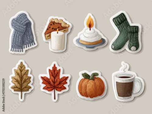 따뜻한 겨울을 위한 아늑한 스티커 세트: 스카프, 양말, 호박 파이, 캔들, 커피, 낙엽, 호박