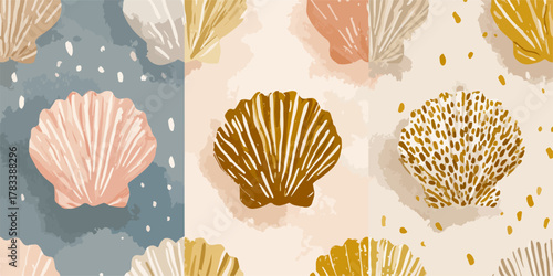 다양한 색상의 조개 껍데기 패턴 디자인은 해변 테마와 여름 휴가를 위한 매력적인 배경을 만듭니다.