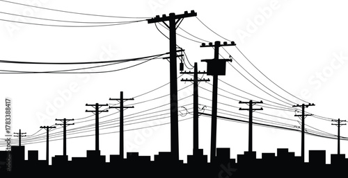 Urban utility poles silhouette with power lines, cityscape background, industrial infrastructure illustration, electricity transmission, modern skyline, energy distribution,