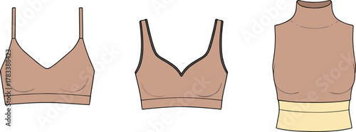 Women's bralette, structured bra, crop top, beige lingerie, fashion flat, undergarment design, apparel sketch, minimalist style, neutral tones, illustration