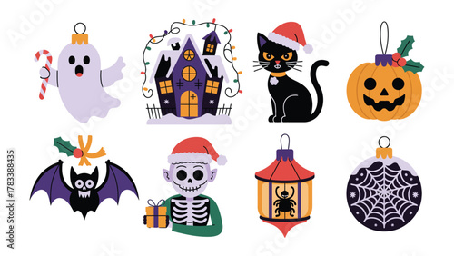 Festive Halloween & Christmas Ornaments: A vibrant collection of decorative ornaments featuring Halloween and Christmas symbols. 