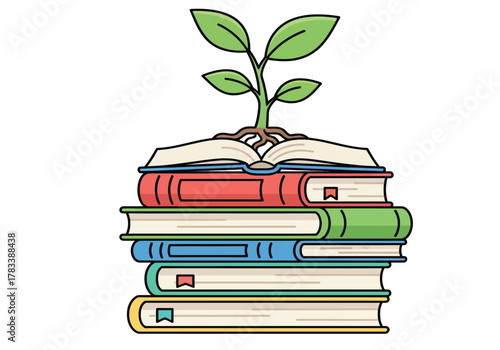 A green sapling with visible roots grows from an open book on top of a colorful stack of books.