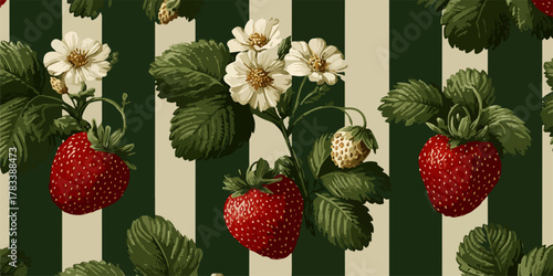 신선한 딸기와 꽃이 녹색과 베이지색 줄무늬 패턴 배경에 그려진 벡터 일러스트레이션입니다.