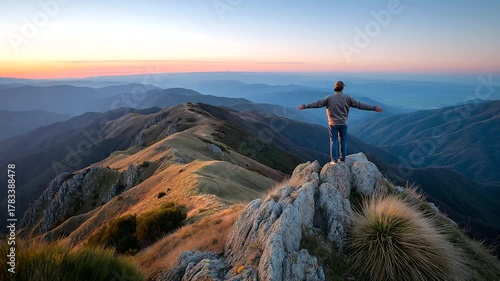 Traveler standing on mountain ridge, soft dawn light, freedom and awe, cinematic scale.