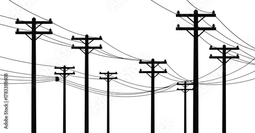 Utility poles silhouette, electrical power lines perspective, urban infrastructure illustration, energy distribution concept, electricity grid design, rural landscape, industrial network,