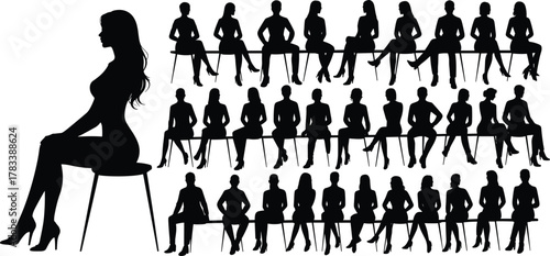 Silhouette woman large figure comparison, group seated people repetition, population hierarchy concept, proportion scale illustration, visual metaphor diversity