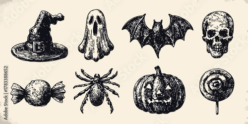 할로윈 테마 일러스트 세트: 마녀 모자, 유령, 박쥐, 해골, 거미, 호박, 사탕