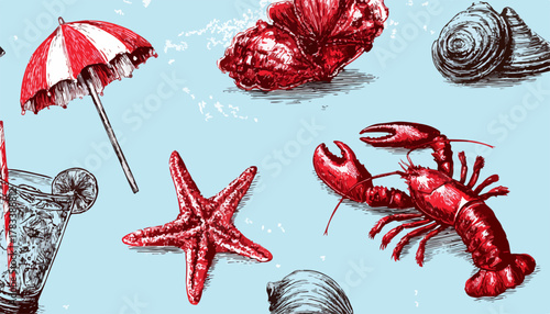 신선한 해산물과 해변 휴식 용품이 그려진 귀여운 패턴 일러스트