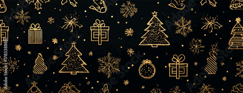 황금빛 크리스마스 장식과 눈송이가 검은 배경에 패턴으로 펼쳐진 벡터 이미지입니다.