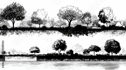 자연의 아름다움을 담은 흑백 나무와 물의 풍경 일러스트레이션