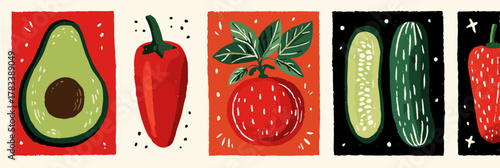 다양한 채소와 과일을 귀엽고 다채로운 스타일로 표현한 벡터 일러스트레이션