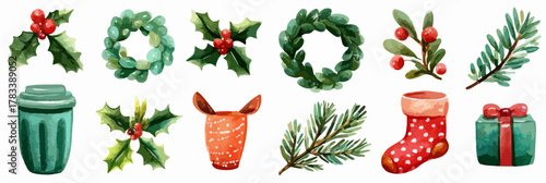 크리스마스 시즌을 위한 다양한 수채화 스타일의 장식 요소 모음