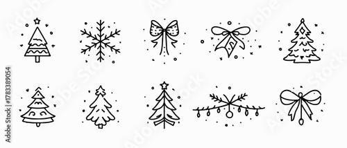 크리스마스 트리와 눈송이, 리본 장식의 심플한 라인 일러스트 벡터 세트