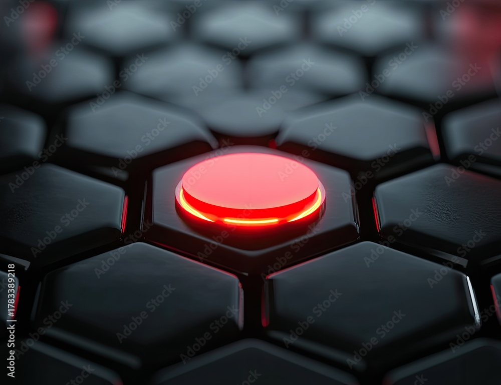 Fototapeta premium A close-up of an illuminated red button in the center, surrounded by black squares arranged in an octagonal pattern.