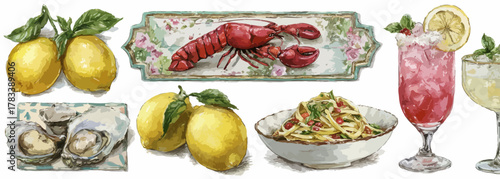신선한 해산물, 상큼한 레몬, 파스타, 그리고 시원한 칵테일이 어우러진 여름 미식의 향연을 담은 일러스트레이션.