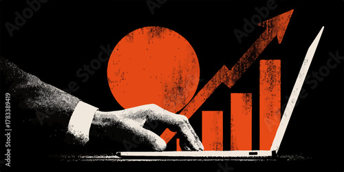 노트북을 사용하는 손과 함께 상승하는 막대그래프와 화살표가 디지털 시대의 비즈니스 성장과 성공적인 발전을 상징하는 현대적인 벡터 일러스트레이션입니다.