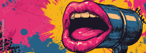 팝아트 스타일의 다채로운 색상 스플래시 배경 위에 강렬하게 소리치는 입 모양 메가폰이 역동적인 메시지를 전달하며 시각적인 에너지를 표현하는 그래픽 일러스트레이션입니다.