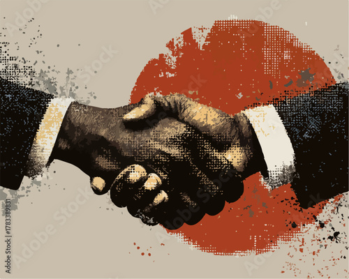 거친 텍스처와 붉은 원형 배경이 돋보이는 빈티지 그런지 스타일의 악수 일러스트는 성공적인 비즈니스 협상, 굳건한 신뢰 형성 및 상호 협력을 통한 긍정적인 관계 구축의 중요성을 역동적으로 표현합니다.