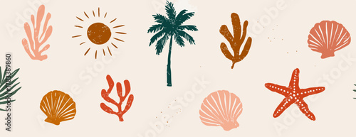 따뜻한 여름날의 해변 풍경을 연상시키는 야자수, 조개, 불가사리 등 자연 요소를 보헤미안 스타일로 섬세하게 표현한 벡터 일러스트레이션입니다.