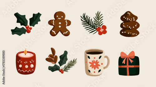 사랑스러운 진저브레드맨과 홀리, 따뜻한 촛불, 선물 상자 등 다채로운 겨울 홀리데이 테마의 아늑한 크리스마스 벡터 일러스트 세트입니다.
